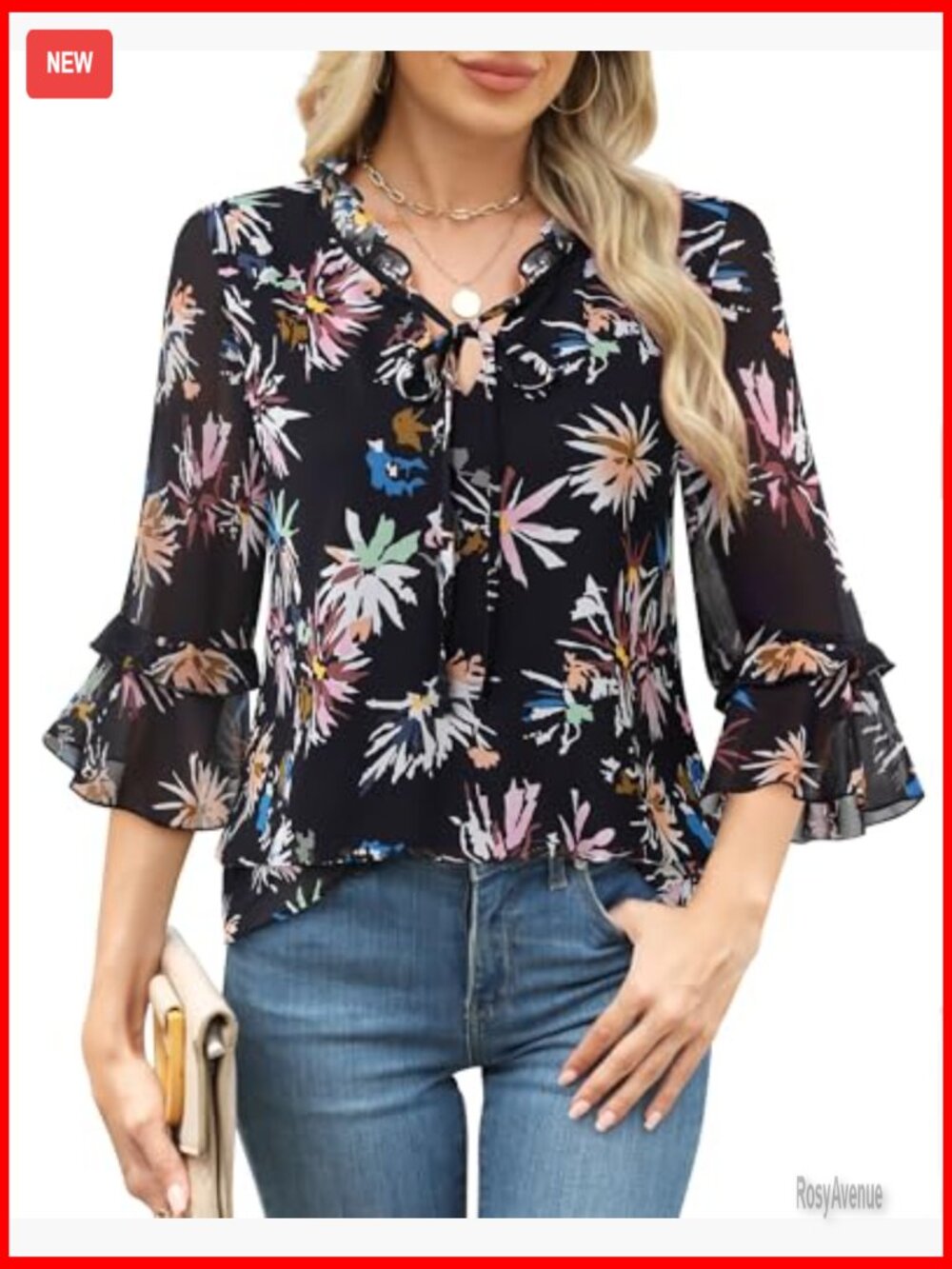 Womens Tops Dressy Casual Ruffle 3/4 Sleeve V Neck Elegant Floral Chiffon Blouse - Picture 2 of 7